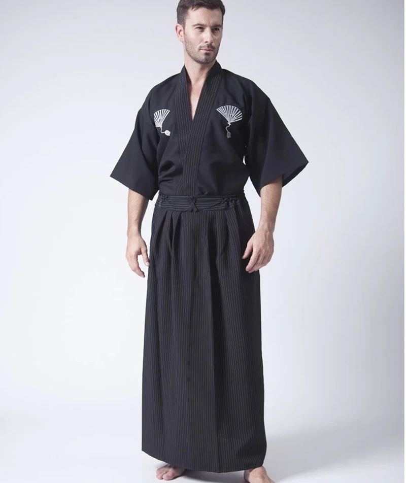 Black Classic Japanese Samurai Clothing Men's Warrior Kimono With Obi Traditional Yukata Haori Halloween Costume One Size B-067