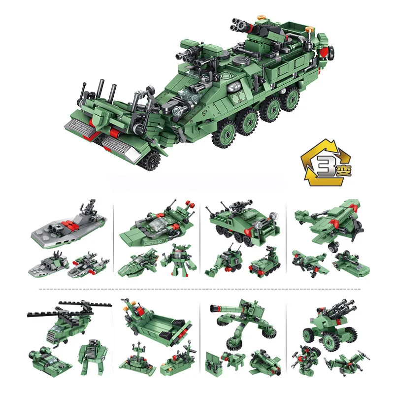 

710pcs Children DIY Military Series 8in 1 Armored Vehicle Assembly Building Block Insertion Small Particle Building Block Toy
