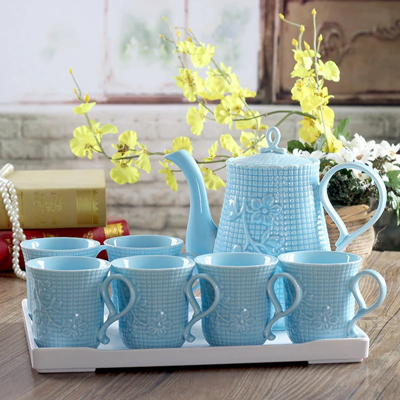 

Blue tea cup set Cold hot Water cups teapot kung fu teaset teacup Teaware Sets tea party coffee cups set Wedding Gift home decor