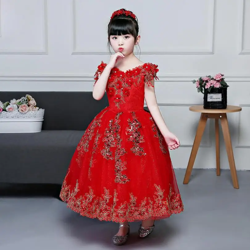 

3-14Y Kids Girl Red Embroidered Formal Party Ball Gown Prom Princess Bridesmaid Wedding Children Tutu Dress Modis Vestidos Y1699