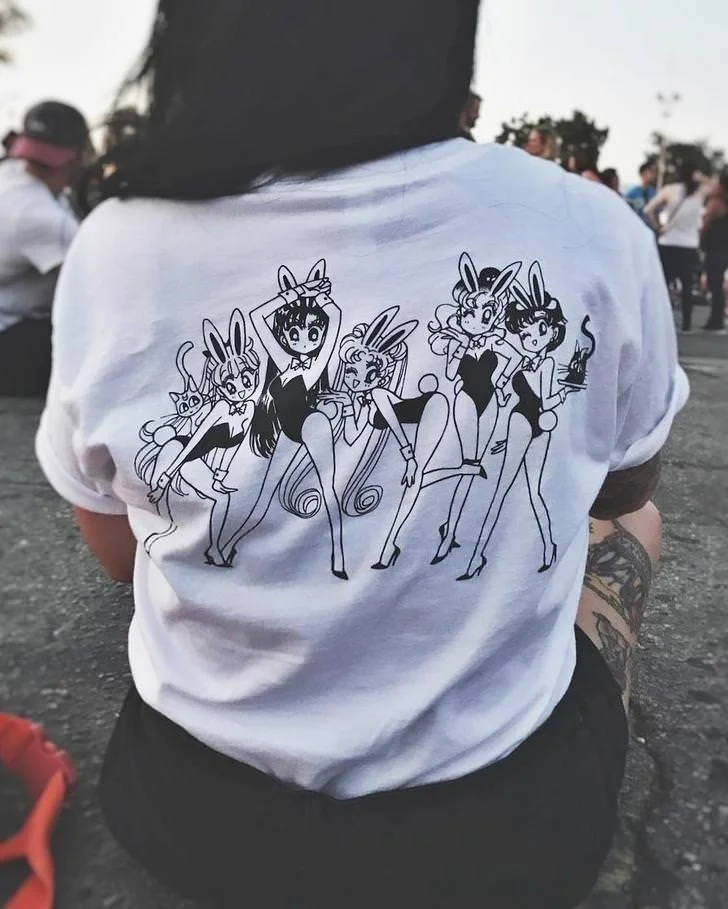 

hahayule HJN Sailor Moon Girl Screen Printing White T-Shirt 90s Kawaii Grunge Aesthetic Anime Tee Cute Manga Shirt 4 Styles
