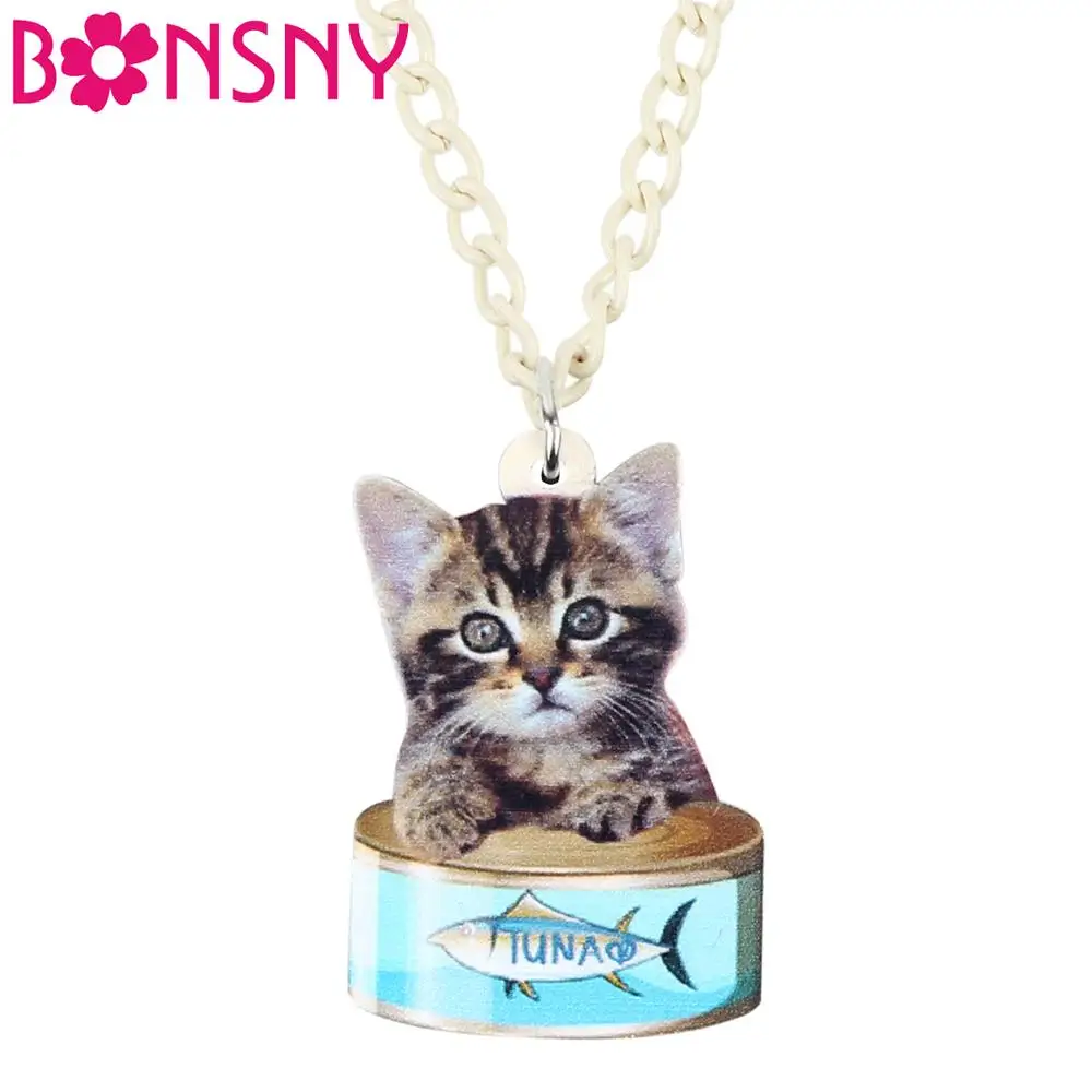

Bonsny Acrylic Cute Canned Kitten Cat Pendant Necklace Chain Choker Fashion Pet Jewelry For Women Girls Kids Charms Lots Gift