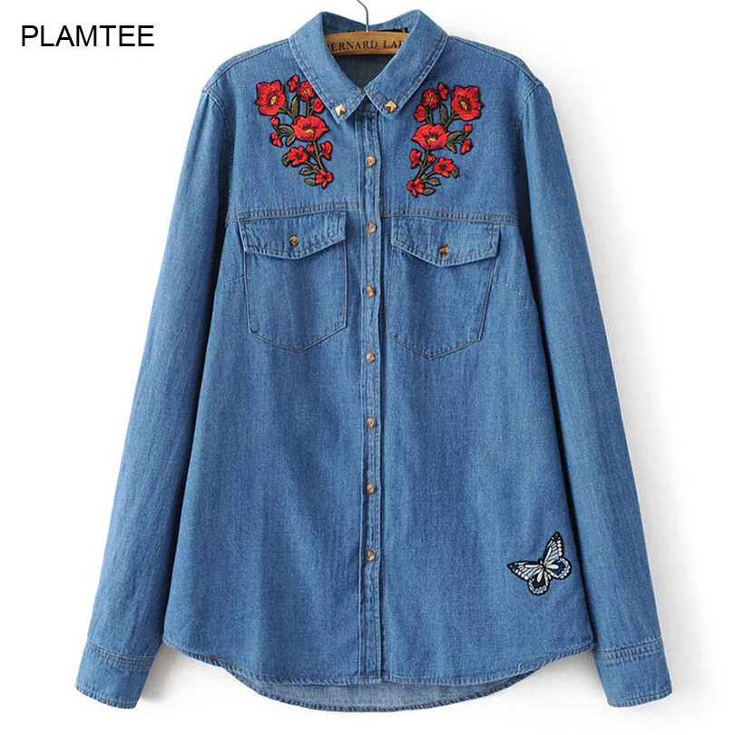 2017 Spring Denim Shirts for Women Tops with Flower Embroidery Single ...