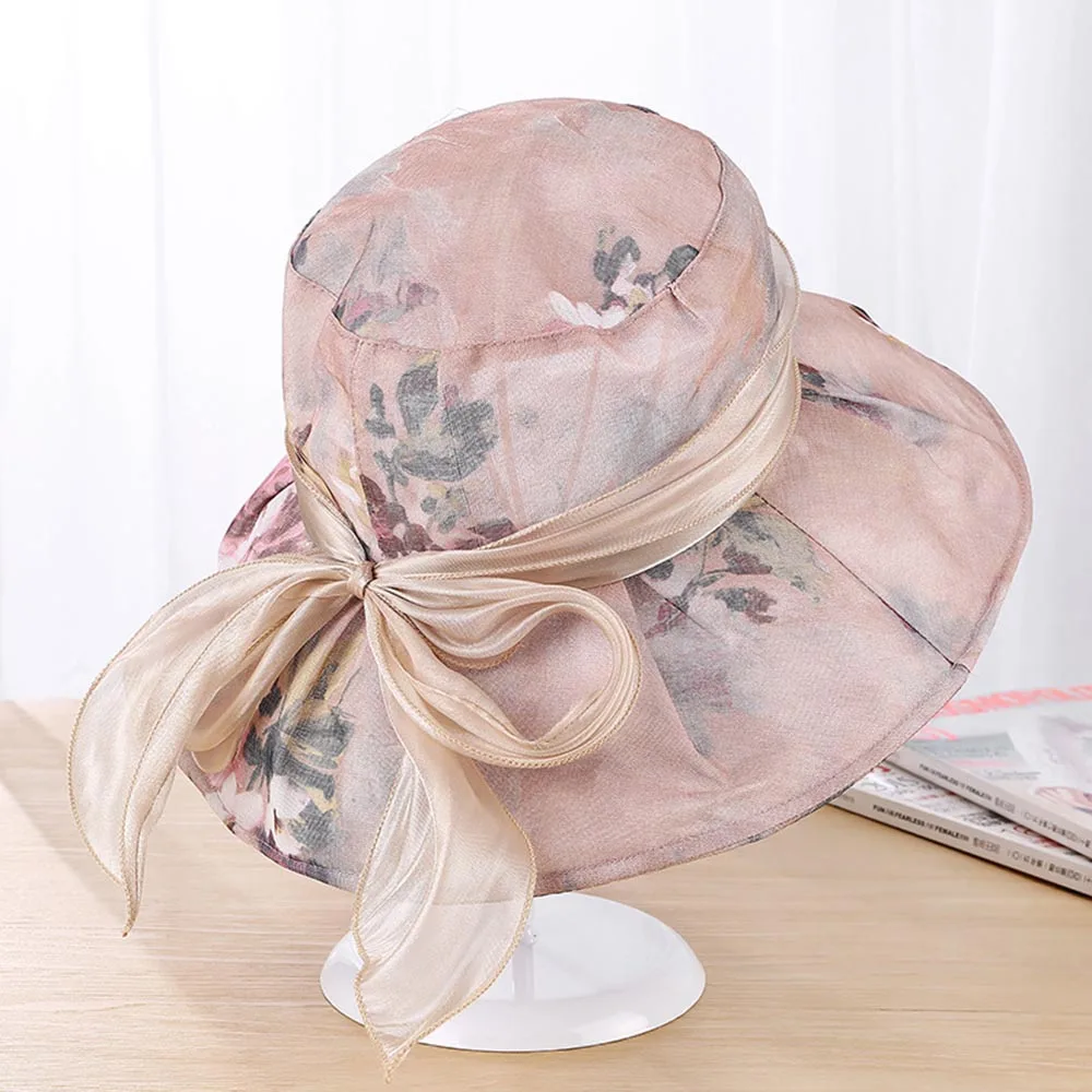 2018 trendy women cotton sun hat wide brim floral print mesh bowknot