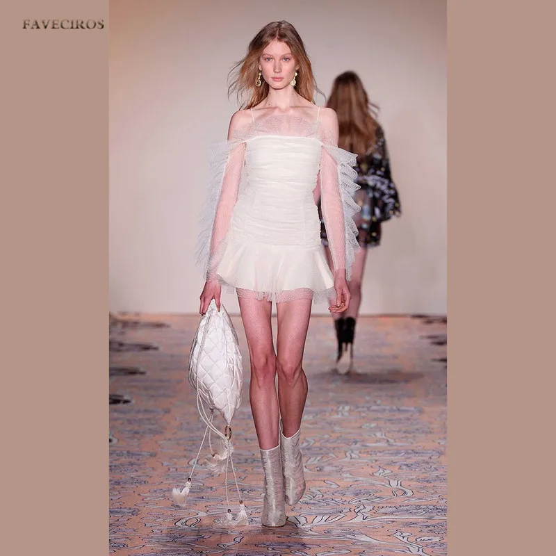 

High Quality Runway Designer 2018 Summer Mesh Sexy Women Dress Slash Neck Cold Shoulder Spaghetti Strap Ruffles Slim Mini Dress