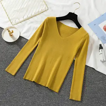 

2019 Autumn Winter Women Sweater Solid Color Pullover Basic Knitted Tops Solid V Neck Long Sleeve Sweaters