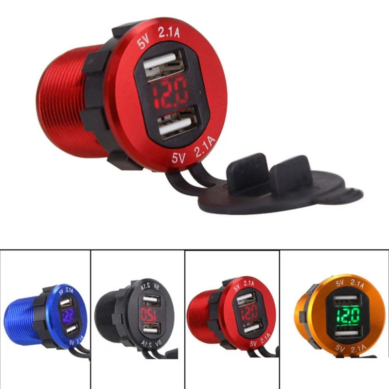 

Aluminum 4.2A Dual Port USB Charger Power Outlet Adapter With LED Digital Voltmeter For Phones Ipad GPS Car Moto ATV RV
