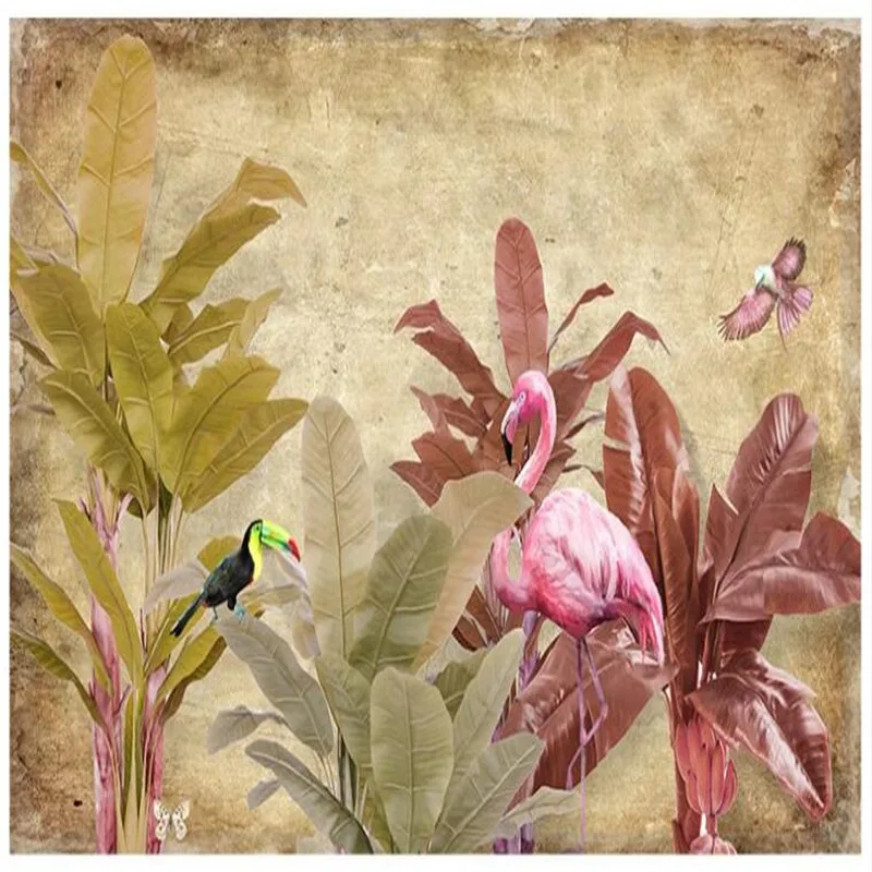 Custom wallpaper European retro banana tree flamingo background wall decoration waterproof material Custom wallpaper European retro banana tree flamingo background wall decoration waterproof material