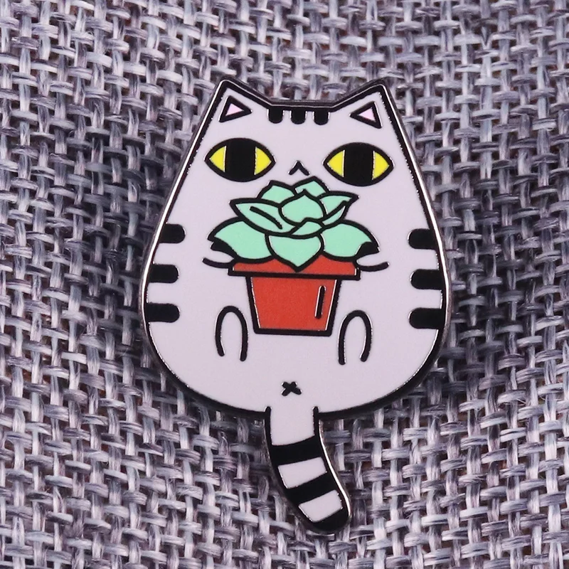 

Cute cat planter enamel pin succulent plant brooch gardening pot badge tabby cat pins animal jewelry women jackets bag accessory