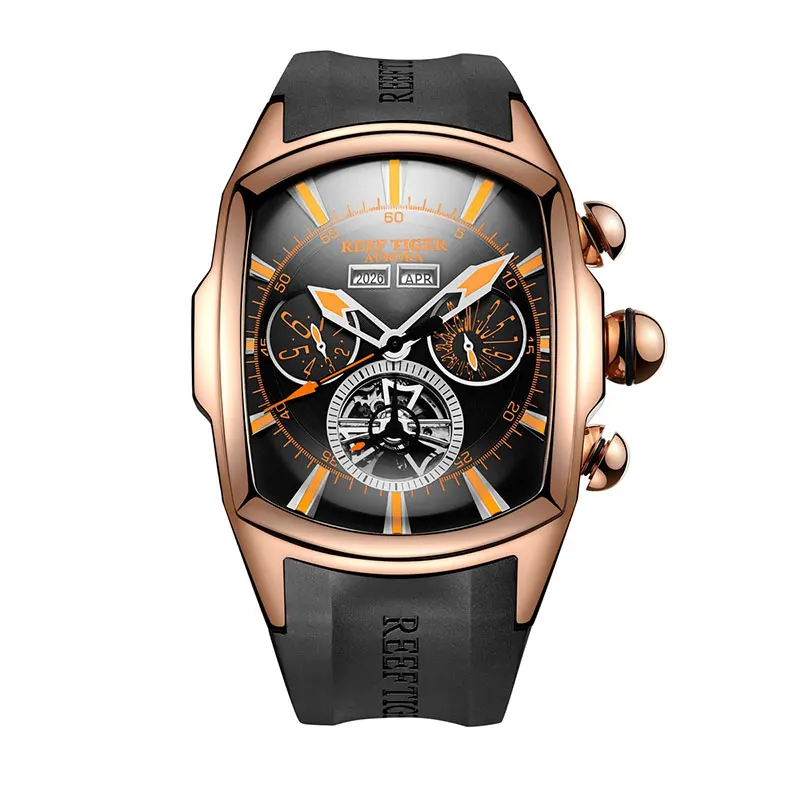 Риф Тигр/RT роскошные часы Мужские Турбийон аналоговые автоматические часы розовое золото Тон спортивные наручные часы резиновый ремешок RGA3069 - Цвет: RGA3069-PBBO