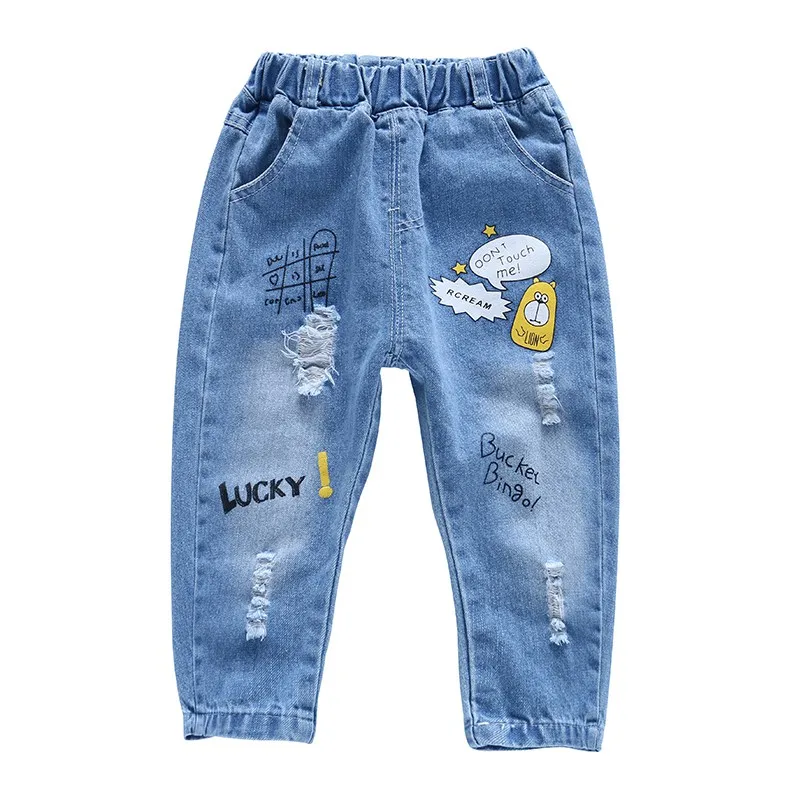 COOTELILI/130 г. Осенние детские рваные джинсы с надписью «Lucky» для детей ростом от 80 до см детские джинсовые штаны для мальчиков, Повседневная Эластичная резинка на талии