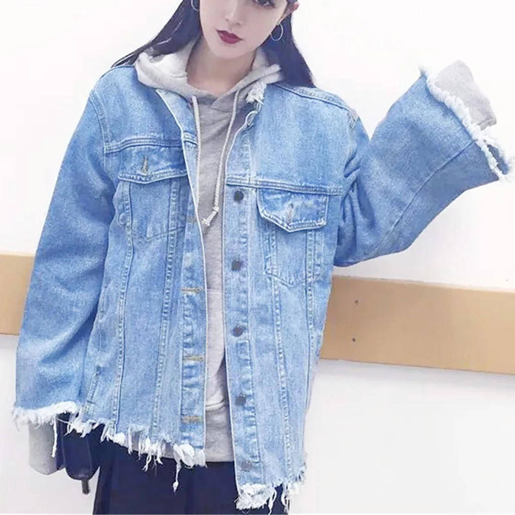 

Irregular hole denim sweater female 2019 new personality wild long-sleeved street wind vintage loose long section denim jacket