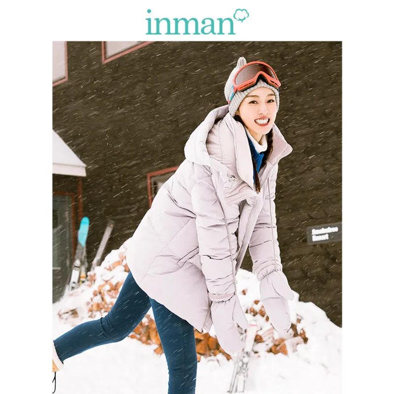 INMAN, зима, Новое поступление, женский пуховик с капюшоном, с перчатками, свободный, Повседневный, Midium и длинный пуховик - Цвет: Beige