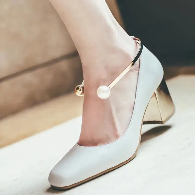 Chic Ankle Pearl Embellished White Leather Shoes Women S Gold Heel Chic Ankle Pearl Embellished White Leather Shoes Women S Gold Heel Square Toe Office For Work