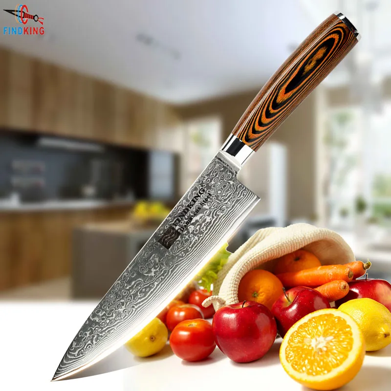 

FINDKING 2017 new damascus steel blade color wood handle 8 inch damascus knife chef knife 67 layers damascus kitchen knife