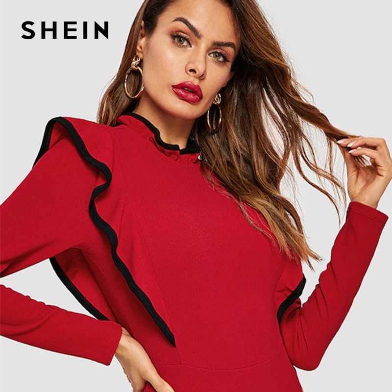 SHEIN Red Contrast Binding Ruffle Trim Bodysuit Mid Waist Long Sleeve