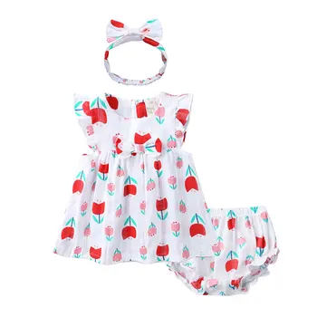 

Summer Girls Clothes Suit 3 Piece Newborn Baby Girls Clothes Sets Cotton Sleeve Dress+Shorts+Headband Fashion Children Clothing
