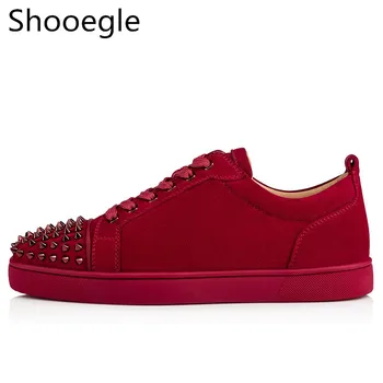 

Spring Suede Leather Men Shoes Casual Rivets Stud Flat Shoes Fashion Spike Sneakers Red Black Grey Leather Men Casual Shoes