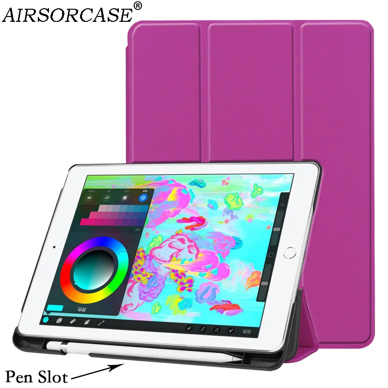 

With Pen Slot Solid Suede Leather Cases for Apple iPad 9.7 2018 Tablet Case Kickstand PC Back Cover Smart Sleep Protective Shell