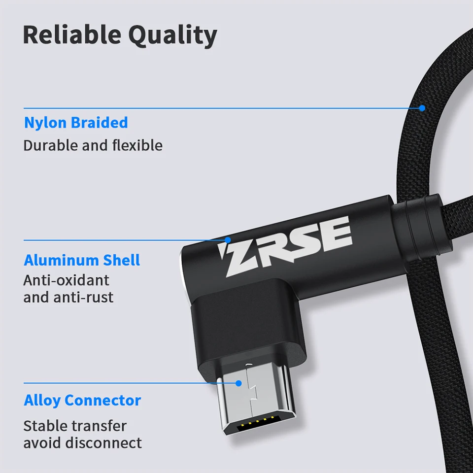 ZRSE Micro Usb Cable For Samsung S7 Huawei Xiaomi Redmi 2M 3M Fast Charging Data Sync USB Cable 90 Degree Elbow Charger Cord