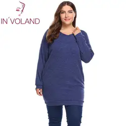 IN'VOLAND Женская толстовка с капюшоном плюс размер XL-4XL весна осень однотонный v-образный вырез карман повседневный пуловер вязаный свитер