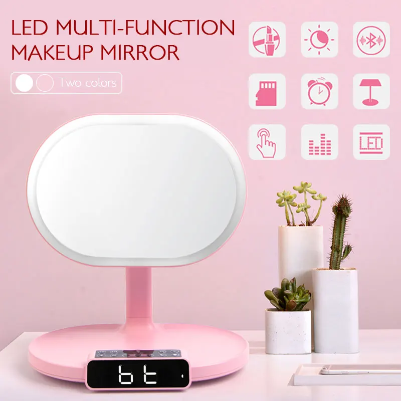 

Touch Button Makeup Mirrors LED Light Cosmetic Mirror Home Multifunction Storage Music Make Up Bluetooth Speaker Alarm