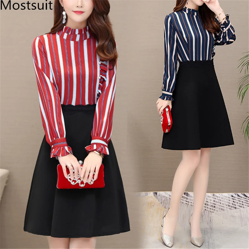 

2019 Spring Striped Office A-line Dress Women Plus Size Ruffles Long Sleeve Stand Collar Dresses Vintage OL Elegant Vestidos