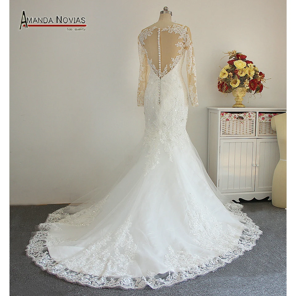 Brazilian Bride Covered Neck Income Lace Appliqued Pearls Luxury