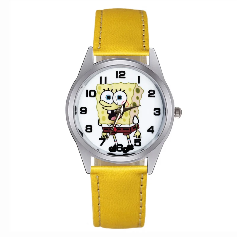 Мультяшные милые детские часы в стиле губки боба, детские часы для студентов, девочек и мальчиков, кварцевые наручные часы с кожаным ремешком Jc34 - Цвет: Yellow