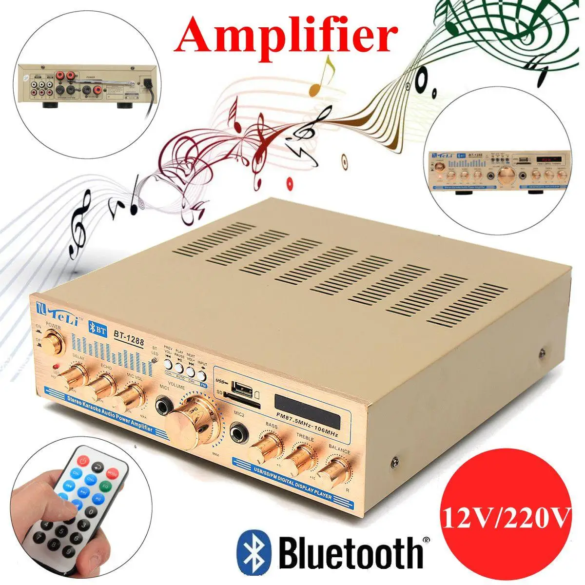 

2*100w 12V/220V 2 Channel Equalizer Bluetooth Home Stereo Power Amplifier USB Car Amplifier Home Theater Amplifiers Audio