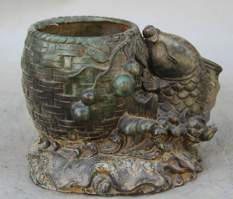 

song voge gem S2051 7 Chinese Bronze Animal cucurbit lotus Fish barracuda Brush Pot pencil vase