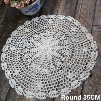

35CM Round White Beige Cotton Tablecloth Crochet Flowers Wedding Dining Doily Coffee Tea Mat Table Cloth Coaster Christmas Decor