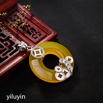 

KJJEAXCMY Fine jewelry S990 pure silver peacock peacock hollowed mosaic jade blue sand stone Hong Kong Jade Pendant