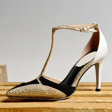New Sexy Womens Party Valentines Shoes Black T-Strap Rhinestone Heels Pointed Toe Pumps Woman Wedding Bridal High Heel Shoes