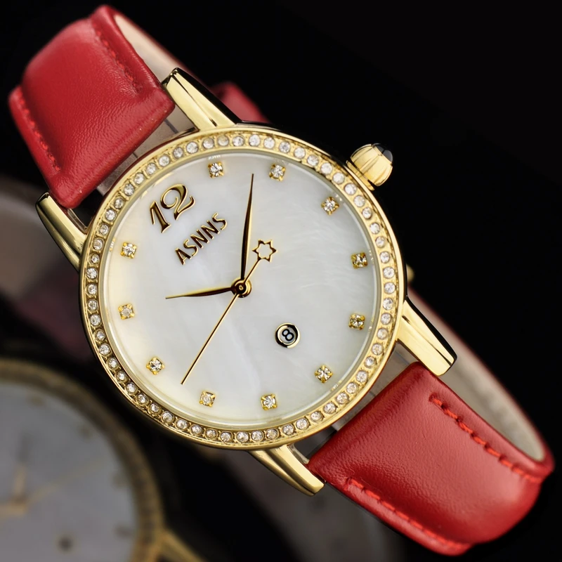 2016 new arrival ASNNS French brand fashion female form diamondquartz watch genuine leather wristwatch