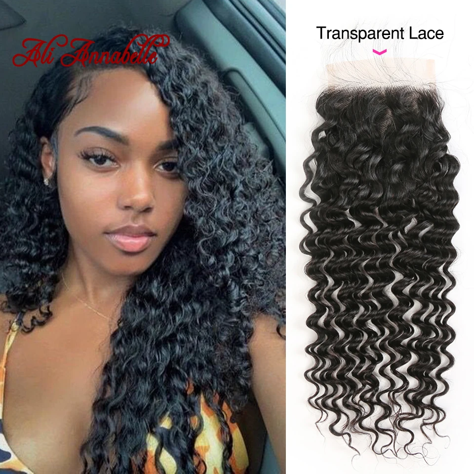 

4*4 Transparent Lace Closure Deep Wave Brazilian Human Hair Lace Closure with Baby Hair Hairline Free/Middle Part Deep Wave