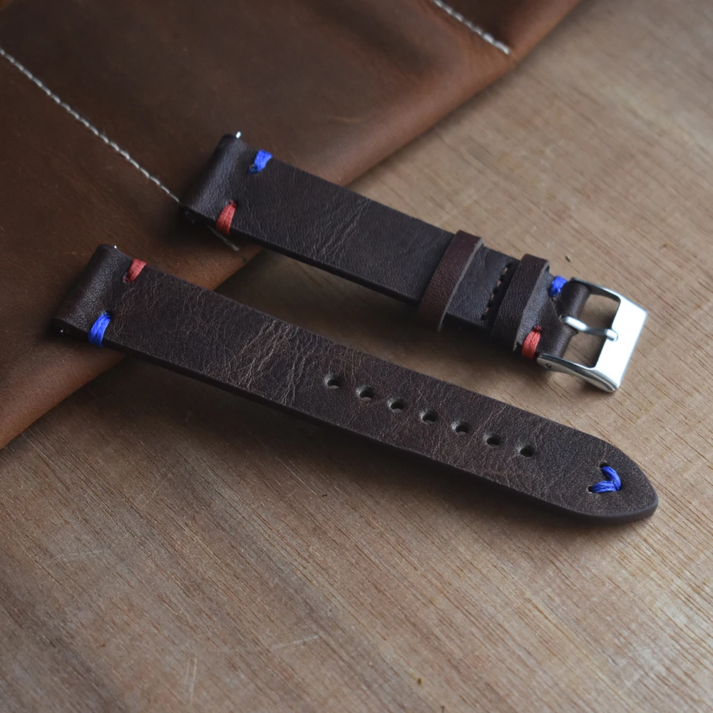 Handmade WatchBand Genuine Soft Leather Strap Watch Wristband Replacement 18mm 20mm 22mm 24mm Dark Brown Red with Blue Stitching | Наручные