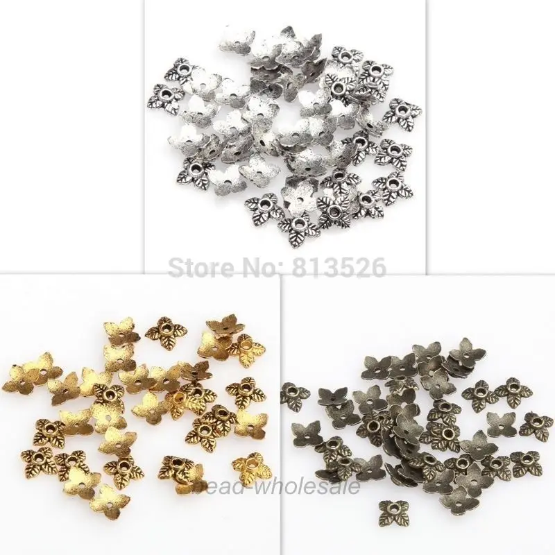 

OMH wholesale 50 Pcs Antique Silver/Gold/Bronze Leaf Shape Zinc Alloy Metal Bead Caps 6mm ZL205
