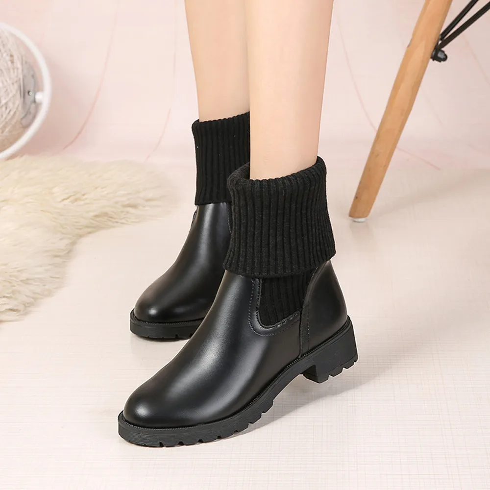 

MUQGEW shoes woman winter 2019 Square Heel Shoes Martain Boot Leather Keep Warm Round Toe Slip-On Shoes bottines femme