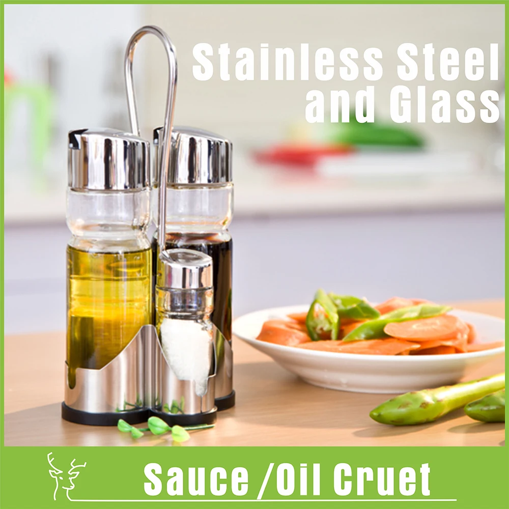 Kitchen Cruet Sauce Glass Holder Oil and Soy Sauce Stainless Steel