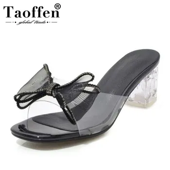 

TAOFFEN Plus Size 32-48 Women High Heel Bowknot Casual Sandals 4 Colors Daily Party Wedding Summer Shoes Women Club Footwear