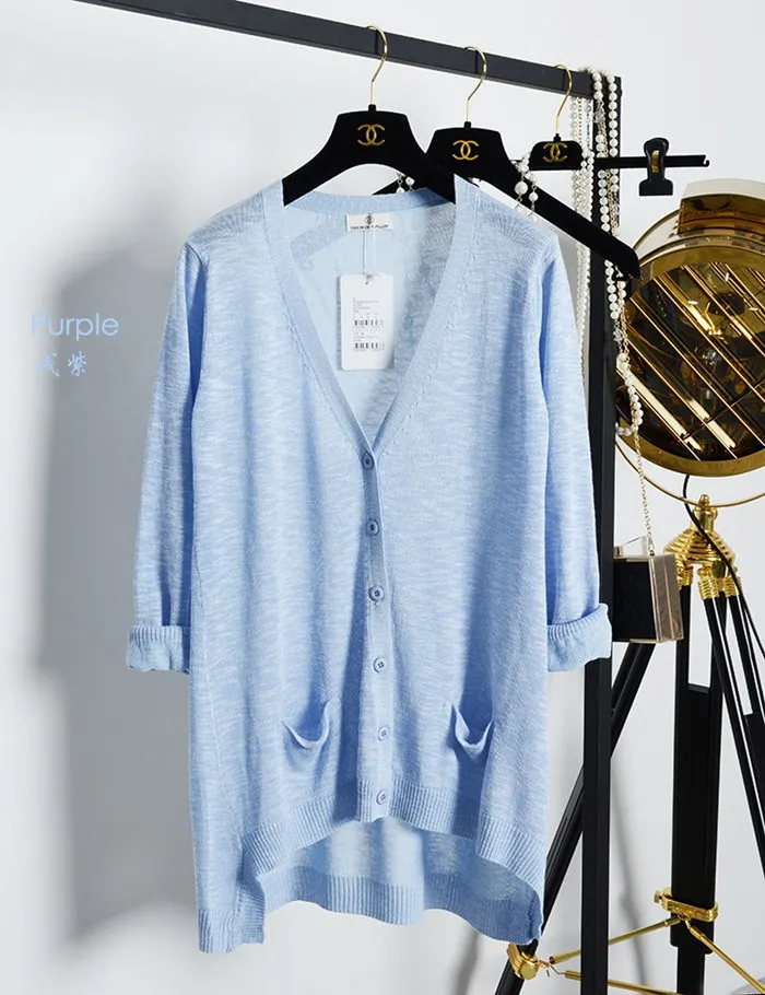 Free shipping women fashion temperament in the long section summer high quality Linen thin comfort  V-collar Thick knit cardigan
