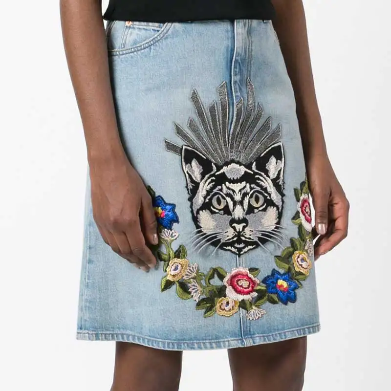 Blue Denim Cat Skirt pocket styling Multicolor floral embroidered
