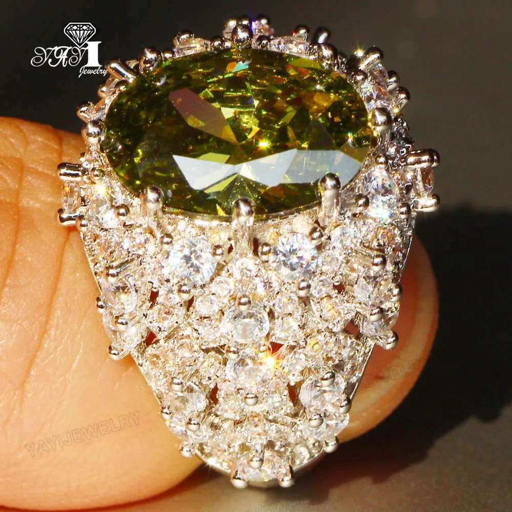 YaYI Jewelry Princess Cut Huge Green Peridot Zircon Silver Color Engagement Wedding Heart Girls Party Rings Gifts