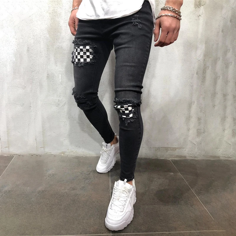 

Jeans for Men Summer Vintage Denim Pencil Pants Casual Stretch Trousers Sexy Skull Hole Ripped Male Zipper Jeans