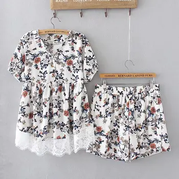 

Plus size white & dark blue floral print chiffon two piece set women summer 2018 V-Neck Short sleeve tops and high waist shorts