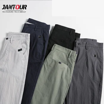 

Jantour 99% cotton Casual Pants Men Spring summer Business Fashion Leisure Elastic thin Straigh Trousers Male Brand pant mens