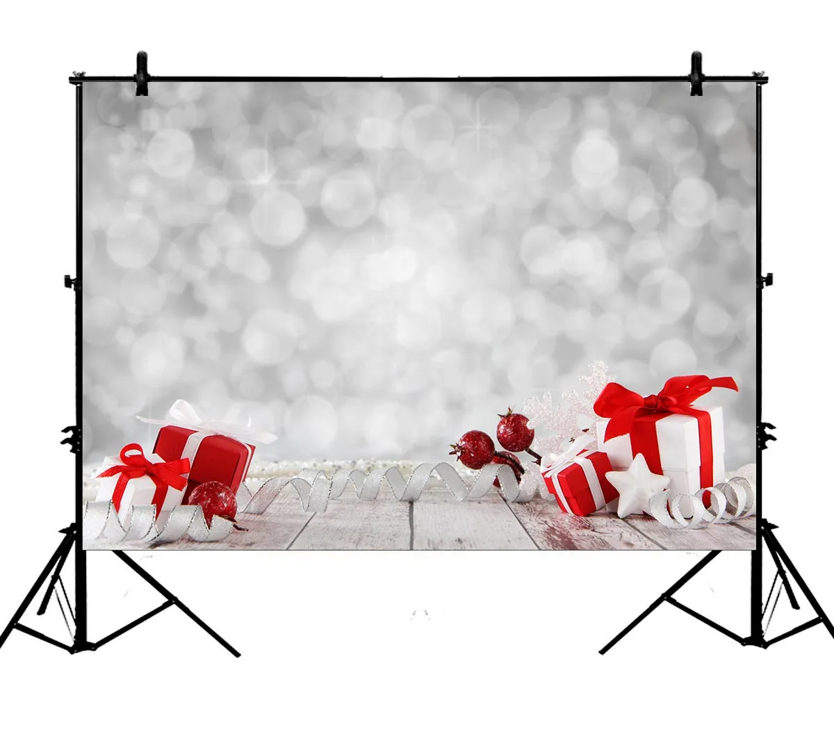 

5x7ft Merry Christmas Xmas Gifts Bokeh Halos Vintage Wood Floor Polyester Photo Background Portrait Backdrop