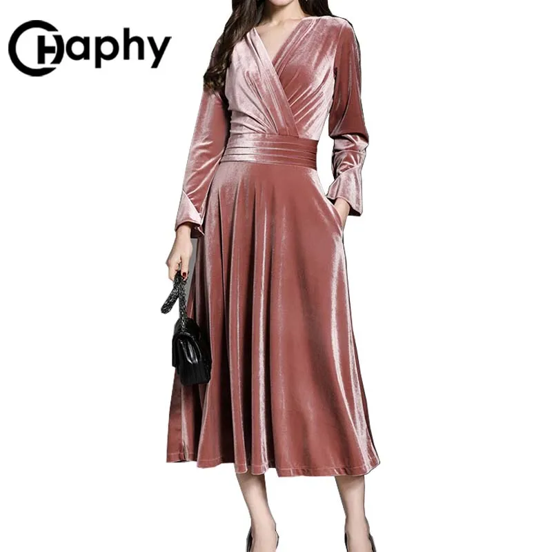 

Deep V-neck Velour Dress High Waist A Line Velour Dresses 2019 Velour Dress Office Lady Europe Long Sleeve Maix Velvet Dress