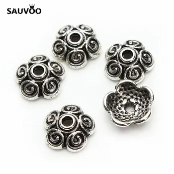 

SAUVOO 100pcs/lot 7mm Round Antique Silver Color Metal Flower End Caps Crimp Beads for DIY Jewelry Making